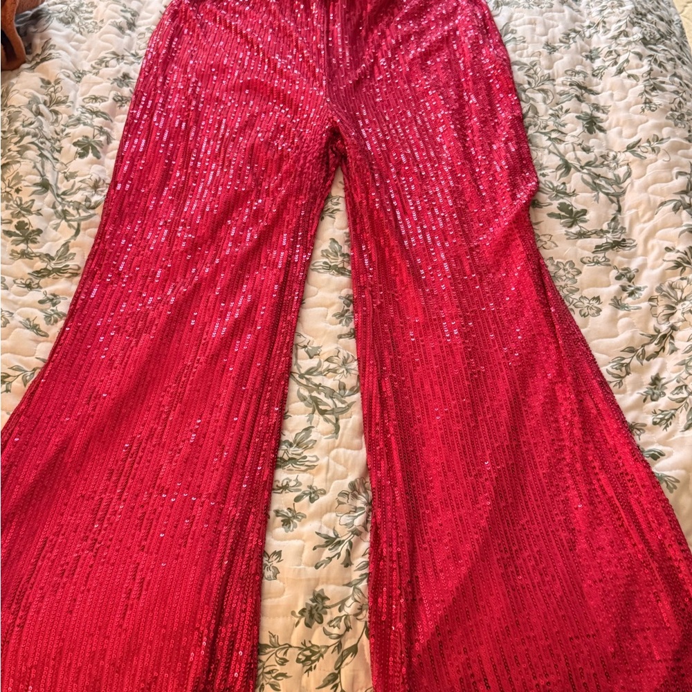 Wide-Leg Sequin Pants in Red